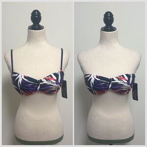 Skye Navy Blue Leaves Removable Strap Back Tie Underwire Bandeau Bikini Top NOS